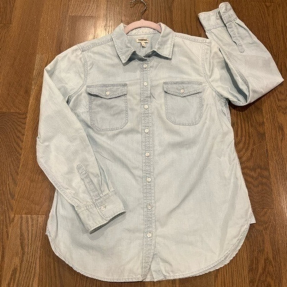 Talbots Button Up Women Medium Petite Lyocell Shirt Roll Tab Sleeve Pocket Blue